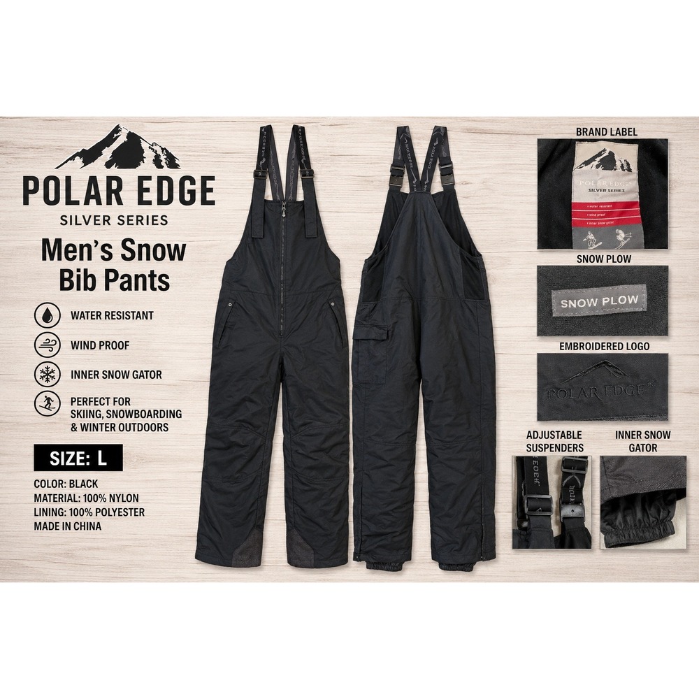 Polar Edge Silver Series Mens L Black Snow Bibs Ski Snowboard Overalls Insulated